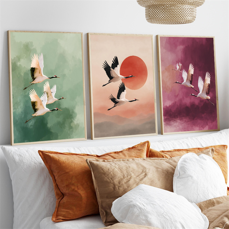Japanese Lifestyle Home - Vintage Crane Flying Birds Flower Sun